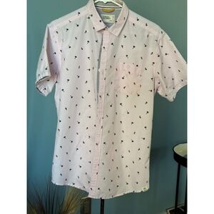 FREE PLANET Mens Pink Palm Tree Hula Girl Tropical Print Button Down Shirt L